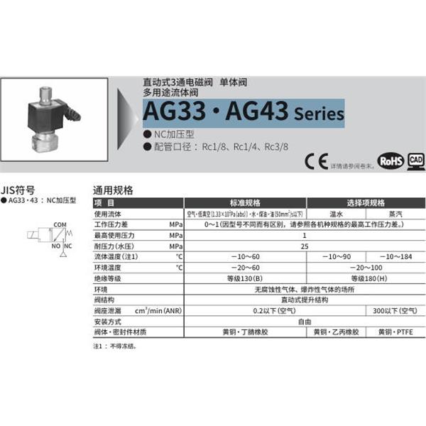 CKD喜開理多種流體直動式2通電磁集成閥AG33-01-2-AC200V