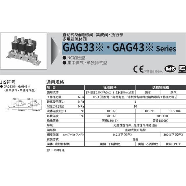 CKD喜開理多種流體直動式2通電磁集成閥GAG331N-1-0-AC100V