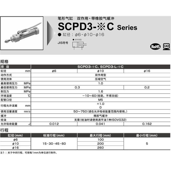 CKD喜開理筆形氣缸SCPD3-00-10C-50-I