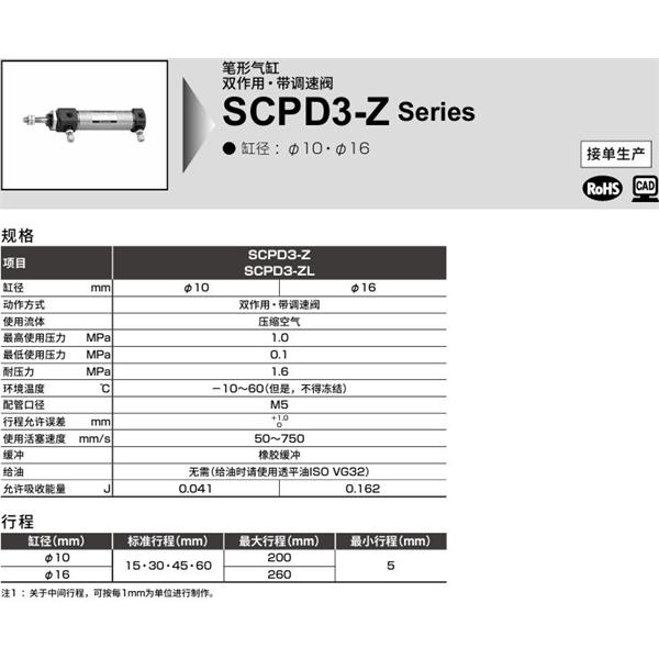CKD喜開理筆形氣缸SCOD3-Z-FA-10-250-Y