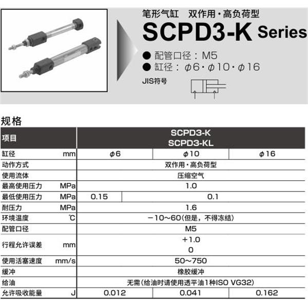 CKD喜開理筆形氣缸SCPD3-KL-CB-16-250-O-T5V-T-B2